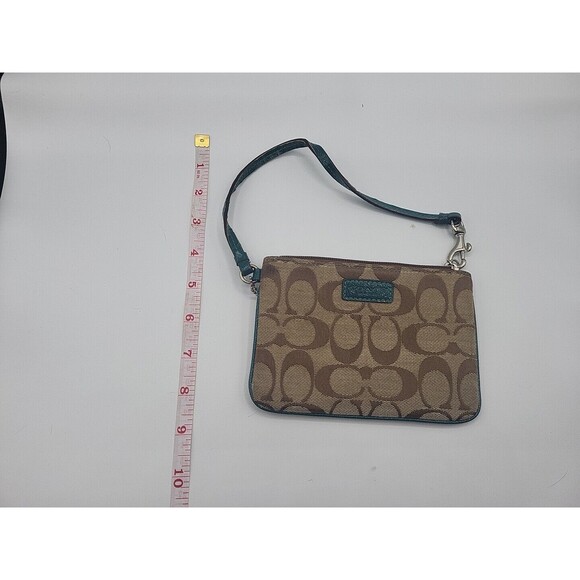 Coach Signature C Wristlet Canvas Leather Brown And Turquoise Wallet Coins Logo - Picture 4 of 6